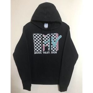 MTV Hoodie Men”s S-P Black Sweatshirt Pullover Chest Graphic Front Pocket.